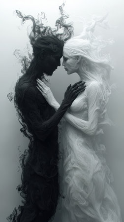 A couple almost reaches for each other, their bodies formed from black and white smoke. The intricate details highlight their struggle as they separate against a gray background.の素材