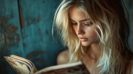 A blonde woman attentively flips through the pages of her journal, lost in thought. The warm light of a cozy afternoon highlights her profile as she engages with her writing.の素材