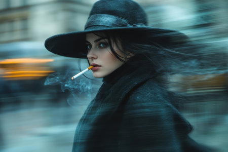 A striking French woman dressed in a dark academia outfit strolls through the rainy streets, cigarette in hand. The motion blur captures her graceful movement, evoking a candid moment.の素材