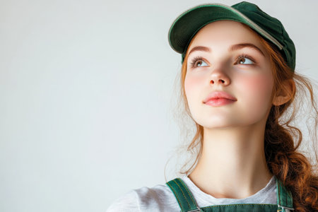 A 20-year-old girl with vibrant red curly hair wears green overalls and a cap while smiling and looking to the side. She radiates joy and youthfulness against a simple white backdrop.の素材