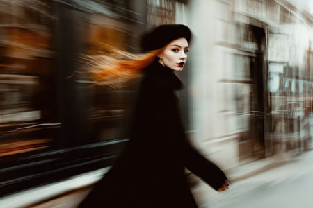 A striking French woman in a dark academia outfit strolls down a rainy street. Her vibrant hair flows with the movement, capturing a candid moment of elegance in the city.の素材