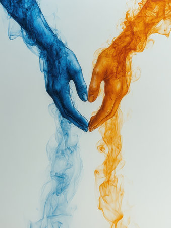A almost couple touching hands, one formed from blue smoke and the other from yellow smoke, is separated against a gray plain background. Their dance of colors captures a poignant moment.の素材
