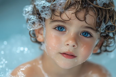 A young child with curly hair and bright blue eyes is surrounded by bubbles during bath time. The child embraces the importance of hygiene and enjoys the playful, clean environment.の素材
