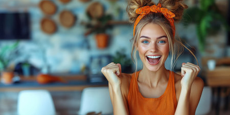 A young person with vibrant hair accessories happily browses online jewelry deals. The cozy cafe setting, filled with greenery, enhances the joyful atmosphere of the moment spent shopping.の素材
