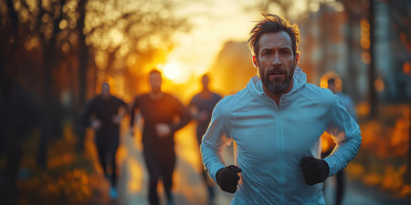 A group of friendly, athletic individuals aged 35 to 45 participate in outdoor sports during sunset.の素材