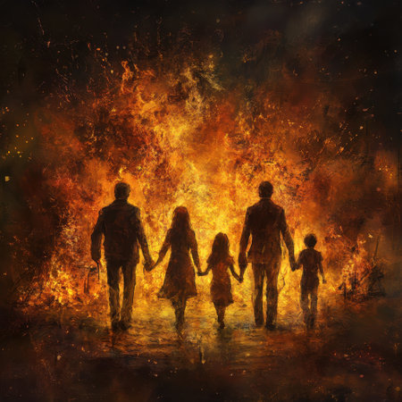 In a dramatic representation, a family stands together amidst fierce flames, symbolizing the turmoil of a broken and toxic family.の素材