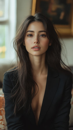 A depiction of a beautiful woman sitting in a modern living room. She wears an elegant outfit and showcases an alluring expression, capturing a moment of calm reflection.の素材