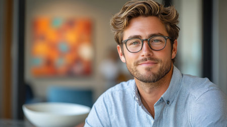 Handsome man with a slight unshaven face in a blue shirt and black glassesの素材
