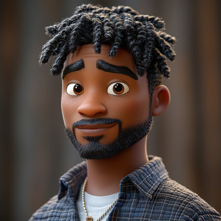 This cartoon illustration features a black American male with cornrows in a casual work outfit. The character has a professional headshot style, embodying a friendly and approachable demeanor.の素材