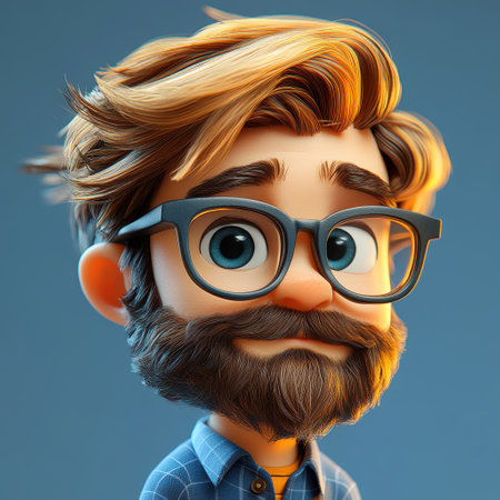This artwork depicts a 3D cartoon of a Russian male with a light beard and glasses. His styled hair and friendly expression convey a welcoming demeanor, suitable for a professional setting.の素材