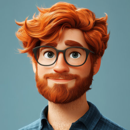 A 3D cartoon representation of a professional man with curly red hair and glasses. He appears in a friendly pose, showcasing a warm smile, set against a minimal blue background.の素材