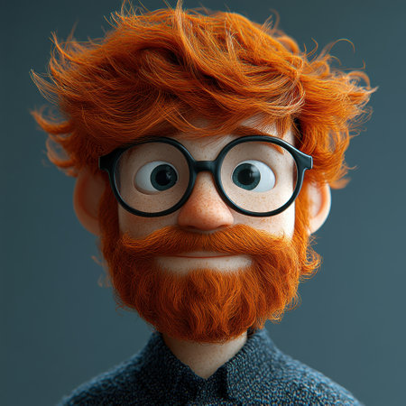 A colorful 3D illustration featuring a web designer with red hair and a scraggly beard. The character wears nerdy glasses and exemplifies creativity in mockups and prototypes.の素材