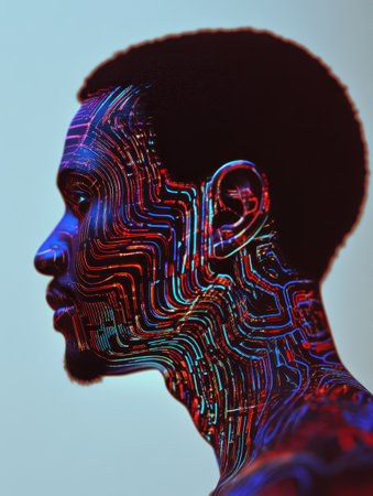 A single male figure is showcased in profile, exhibiting a stunning blend of dark brown and dark azure colors.の素材