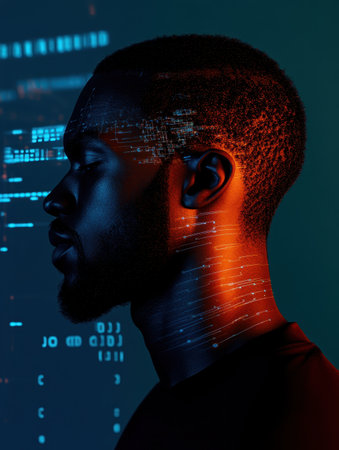 A single male figure stands in profile against a dark azure backdrop.の素材