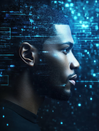 A male figure stands in profile, showcasing a fusion of technology and humanity against a backdrop of azure and dark hues. The cybernetic design hints at advanced AI and machine learning concepts.の素材