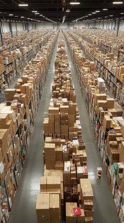 Shelves rise high in the warehouse, showcasing rows of cardboard boxes stacked meticulously.の素材