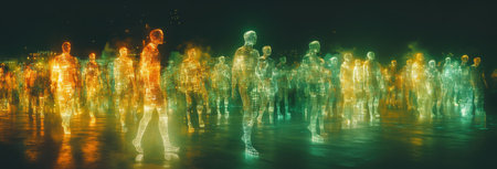 A chaotic, sentient AI takes form in cyberspace, fluctuating between humanoid and abstract shapes. Drones and digital viruses surround its ever-changing binary code, creating an ominous atmosphere.の素材