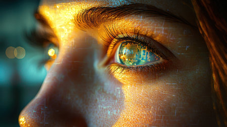 Close-up view of a woman featuring advanced cybernetic enhancements, showcasing her expressive eyes reflecting intricate AI circuits amidst a backdrop of cutting-edge technology and digital art.の素材