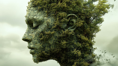 A colossal face formed from trees and greenery emerges in a misty setting, symbolizing the blend of natural and artificial worlds.の素材