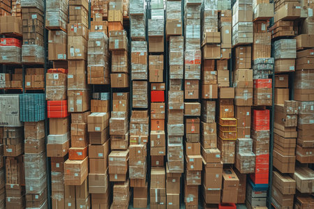 Rows of stacked boxes fill a spacious warehouse, highlighting efficient organization and storage methods. The boxes vary in size and color, creating an interesting visual arrangement.の素材