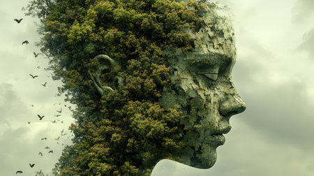 A face emerges from a blend of rocks and trees, representing the transition from the natural world to the digital age. Birds fly around, symbolizing freedom and change in this new era.の素材