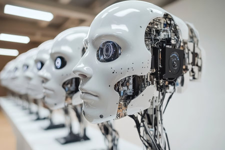 A series of robotic heads featuring advanced technology and intricate details stands on display. The exhibition highlights innovations in artificial intelligence and intelligent design.の素材