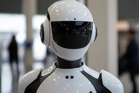 A humanoid robot with a sleek, white design stands in a tech exhibition hall, showing its advanced features.の素材