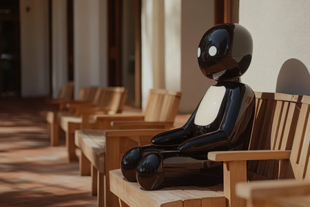 A sleek, black and white robot is quietly seated on a wooden bench in a contemporary environment. The setting highlights the integration of intelligent design and future technology.の素材