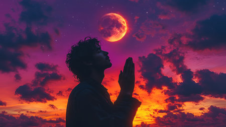 A man stands in silhouette with hands raised in prayer against a stunning purple and orange sunset. Above him, a crescent moon shines amid the clouds, creating a serene atmosphere.の素材