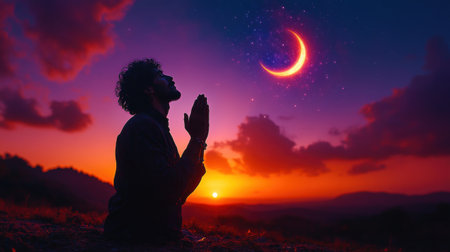 A man with raised hands kneels in prayer under a vivid purple and orange sky. Above him, a crescent moon gleams as the sun sets behind distant mountains, creating a serene atmosphere.の素材
