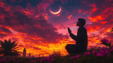 A man kneels in prayer with hands raised, silhouetted against a spectacular sky of purple and orange hues, while a crescent moon shines above and flowers bloom nearby.の素材