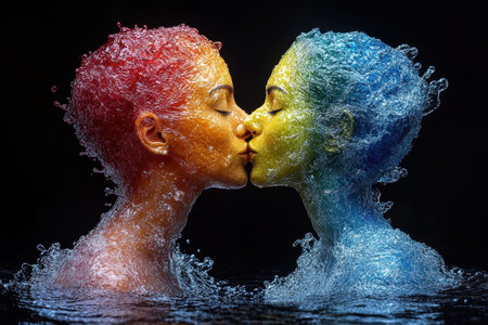 Two figures, one red and one blue, kiss as vibrant water splashes around them, creating an enchanting and dynamic display of color. The setting highlights their connection amidst captivating elements.の素材