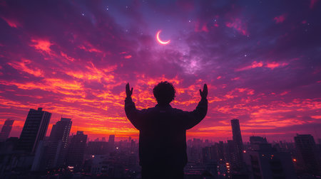 A man stands in silhouette with hands raised in prayer against a breathtaking purple and orange sky at dusk, featuring a crescent moon glowing above the city skyline.の素材