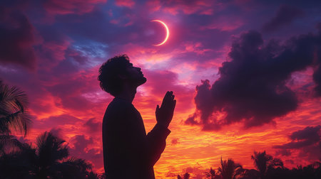 A man stands in silhouette with hands raised in prayer as the sky displays stunning hues of purple and orange. A crescent moon is visible above the horizon, enhancing the tranquil atmosphere.の素材