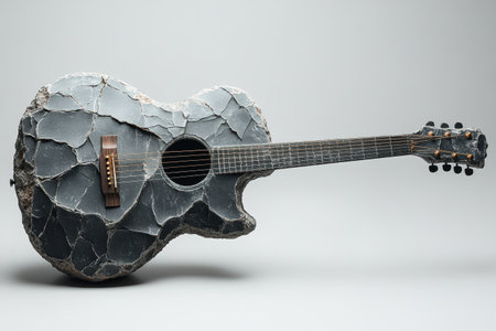 A gravity-defying acoustic guitar floats in a seamless white space, showing its rocky texture and raw essence. Soft lighting accentuates the unique stone appearance, creating a mesmerizing effect.の素材