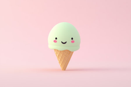 A charming ice cream cone features a single mint green scoop topped with a cheerful face. The light beige cone adds warmth against the soft pastel backdrop, enhancing its playful appeal.の素材