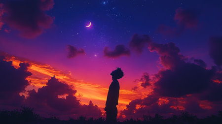 A man stands in silhouette, hands uplifted in prayer against a breathtaking purple and orange sky. The crescent moon shines above, adding to the tranquil atmosphere of the evening.の素材