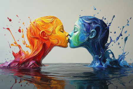 Two rainbow-colored figures are joyfully kissing, emerging from a vibrant splash of paint.の素材