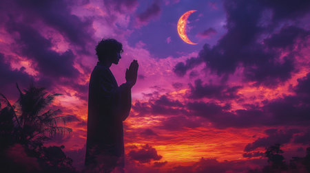 A man stands in silhouette with hands raised in prayer, surrounded by a breathtaking sky. The vivid colors of purple and orange blend beautifully as a crescent moon shines above.の素材
