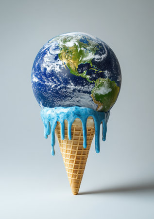 Planet Earth sits atop a waffle ice cream cone, with blue melting ice cream dripping down. The white background highlights this hyper-realistic depiction of climate change.の素材