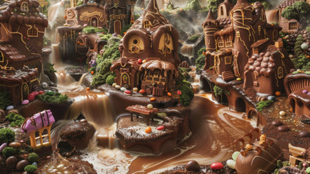 The chocolate planet features whimsical castles and charming cottages crafted with various chocolate types. Chocolate cars glide along the streets, emitting a tempting aroma under the warm sunlight.の素材