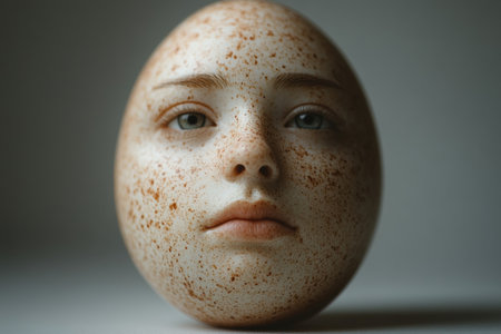 A realistic depiction of a human face is painted on an egg, featuring open eyes and subtle details. The background is a soft white, emphasizing the uniqueness of the artwork.の素材