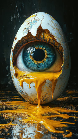 A large chicken egg features a human eye with yellow paint spilling onto a golden floor. The dark setting creates a surreal ambiance with high contrast and oppressive feelings.の素材