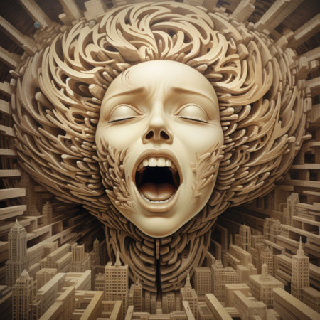 A dramatic artwork features a screaming female head intertwined with a surreal city, showcasing exaggerated emotions.の素材