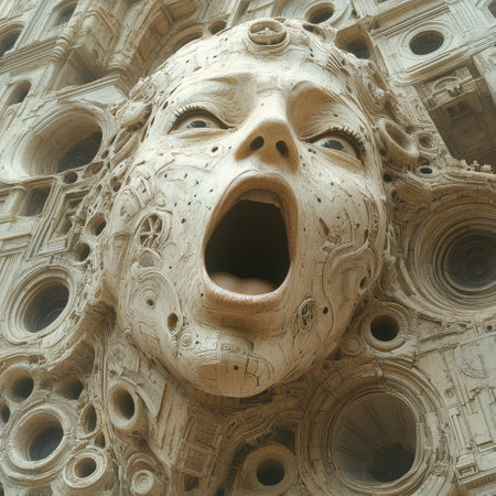 A large head of a woman, screaming in agony, is depicted amidst a dynamic city landscape. The artwork showcases surrealistic biomechanics with intricate details and theatrical elements.の素材