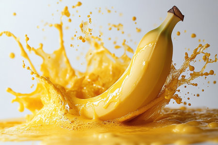 A single banana is centrally positioned amidst a dynamic splash of yellow liquid and powder on a clean, white background. The vibrant colors create a playful and energetic composition.の素材