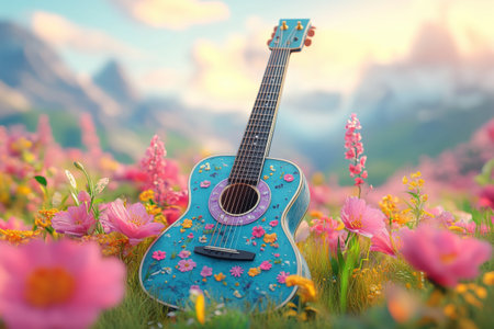 A cute cartoon guitar rests among a field of colorful flowers. The sunny setting highlights the beauty of nature, creating a joyful atmosphere filled with spring vibes and creativity.の素材