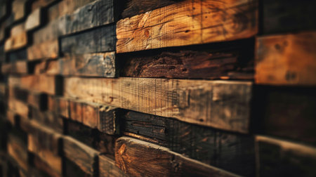 A close view of a wood wall showing rich textures and colors. The harmonious integration of the natural material provides a warm and inviting atmosphere in the interior setting.の素材