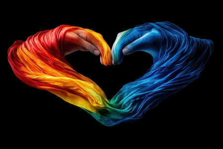 Two hands come together to create a heart shape, wrapped in vibrant rainbow fabrics fluttering lightly in the breeze. This symbolizes love and diversity, celebrating unity.の素材