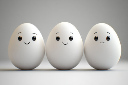 Three cheerful cartoon-style eggs display friendly faces on a soft white background. Their simplistic design adds a whimsical touch, inviting a sense of joy and fun.の素材